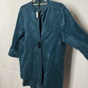 IC by Connie K Vegan ultra suede swing coat chunky black btn. teal green